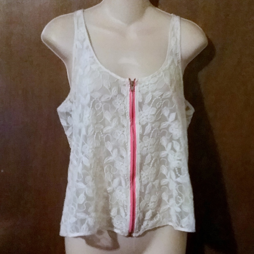 Forever 21 Lace Sheer Zip Front Racer Back Top *
